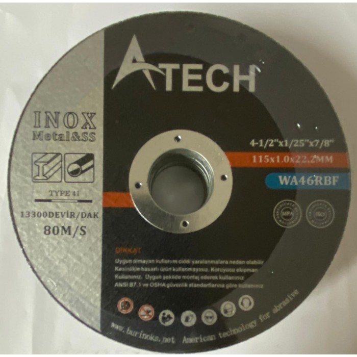 A TECH İNOX KESİCİ DİSK TAŞ 115X1.0X22.2mm 5 ADET